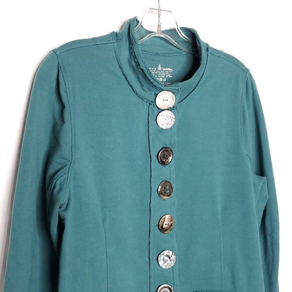 Neon Buddha Knit Jacket Sz S Teal Green Big Buttons Mock Neck Boho Artsy - Picture 2 of 5